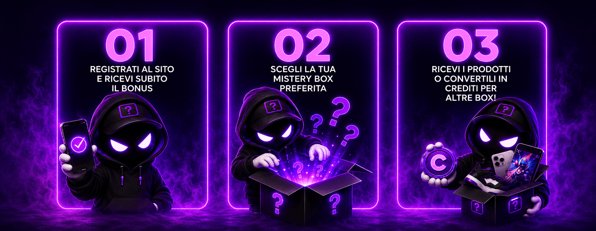 Come funziona Mister Box: 1 Registrati e ricevi il bonus, 2 Scegli la tua mystery box, 3 Ricevi i prodotti o convertili in crediti
