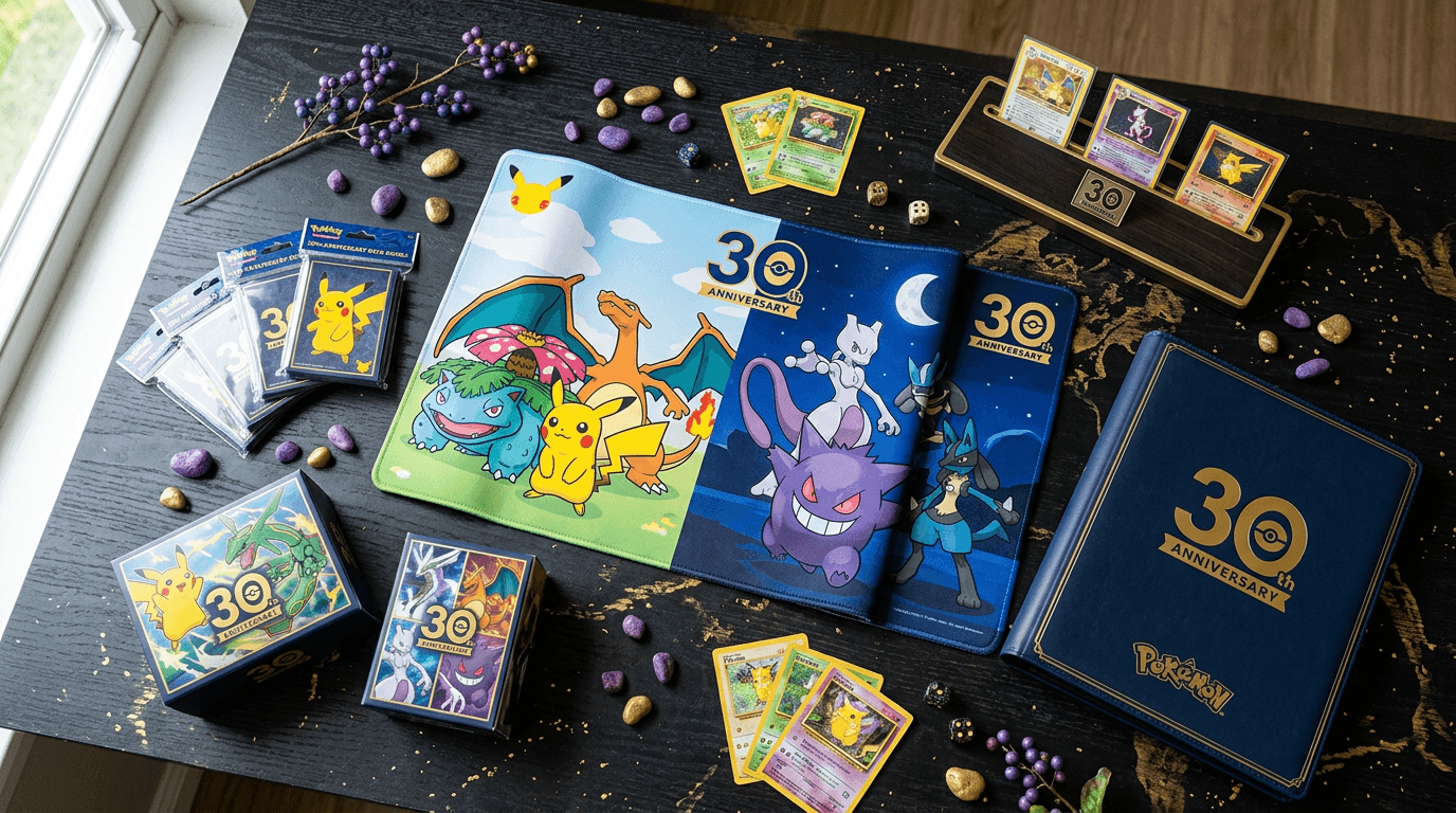 Accessori del 30° anniversario del GCC Pokémon disposti su una superficie scura con dettagli dorati