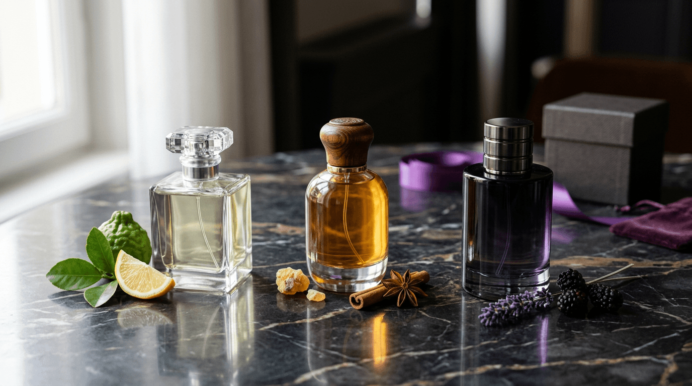Tre flaconi di profumo da uomo su una superficie di marmo scuro, con luce soffusa laterale