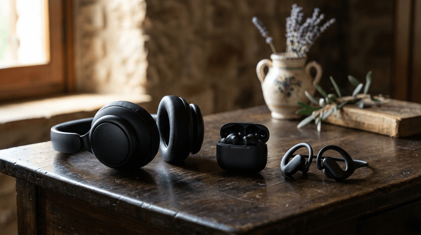 Tre modelli di cuffie Anker Soundcore affiancati su una scrivania scura: over-ear, in-ear e a clip