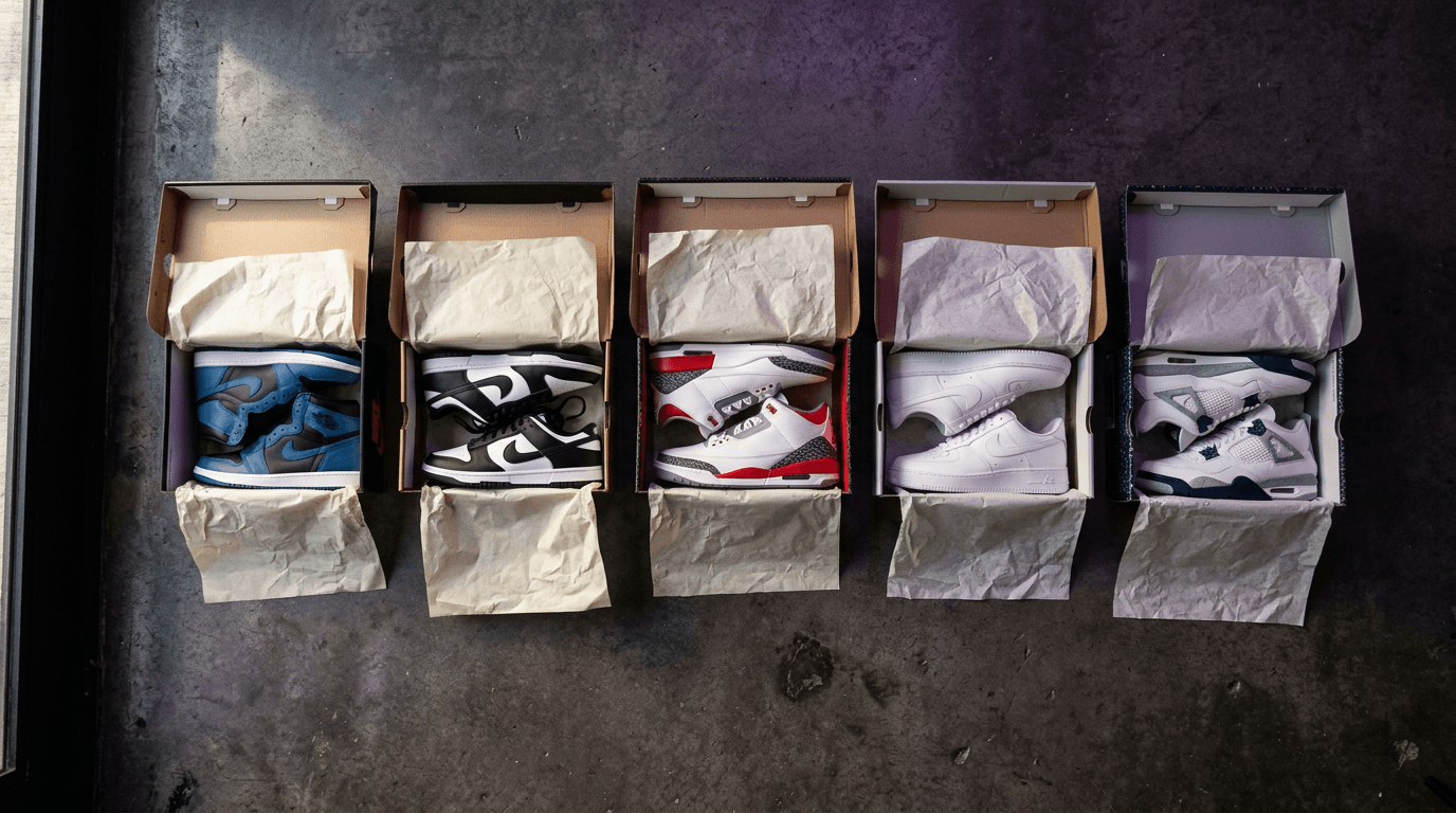 Cinque mystery box sneakers aperte su pavimento in cemento scuro, con modelli Nike e Jordan visibili nelle scatole