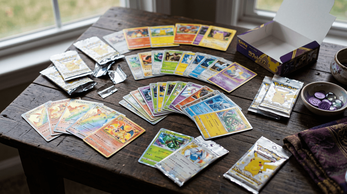 Bustine Pokemon del 30° anniversario aperte su un tavolo scuro con carte colorate in evidenza