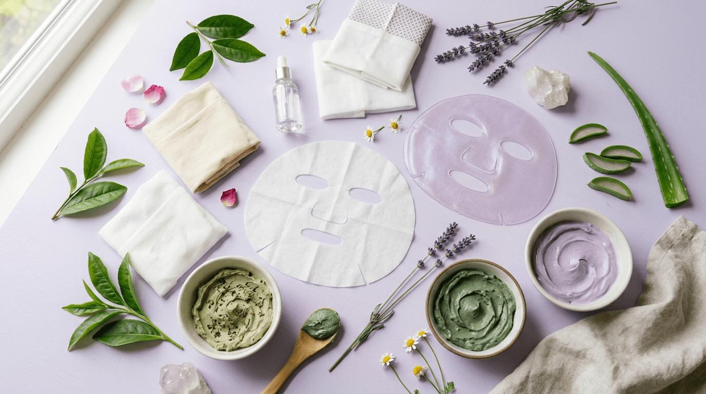 Diverse maschere viso in tessuto, idrogel e crema disposte su uno sfondo chiaro con elementi botanici