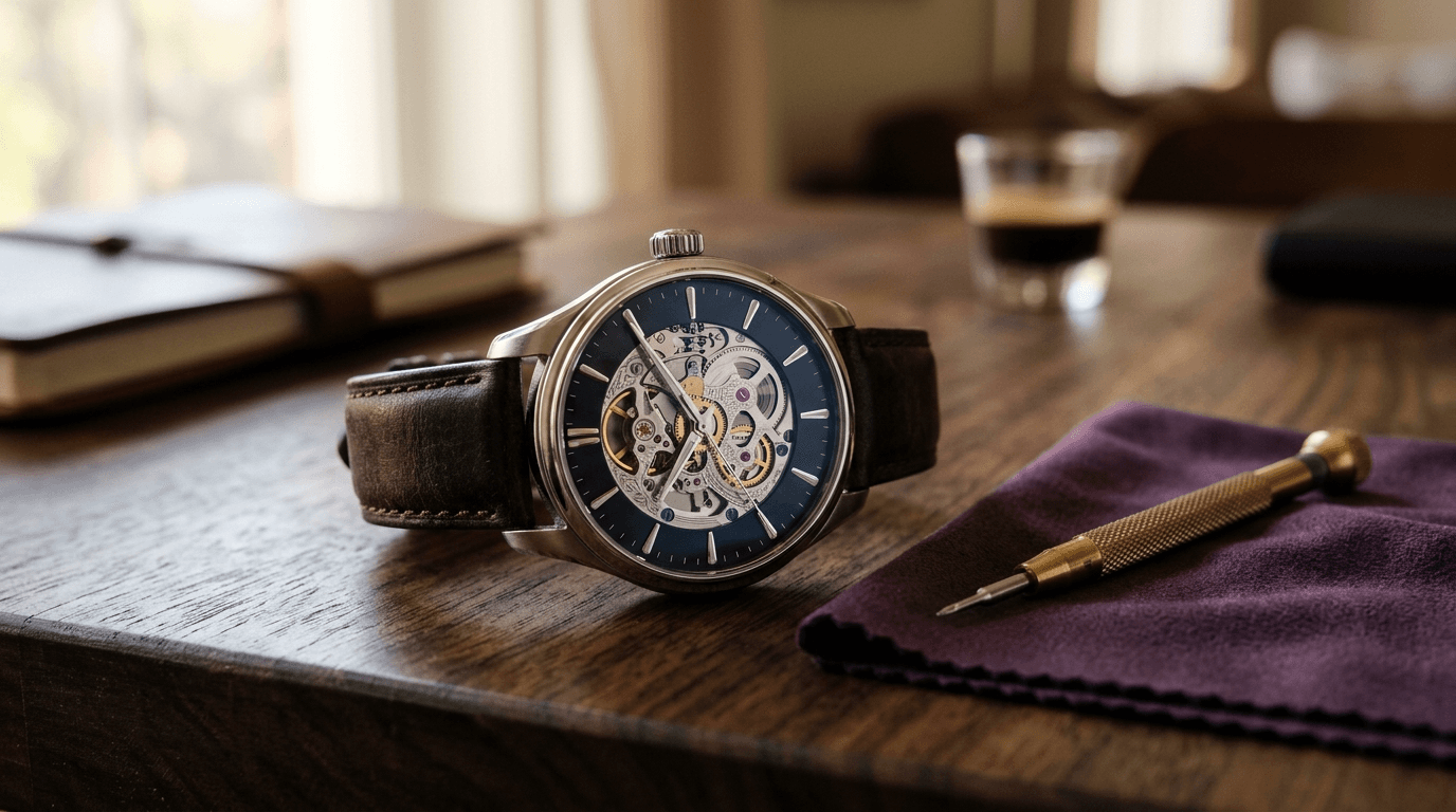 Primo piano di un orologio meccanico di lusso con movimento a vista appoggiato su un tavolo scuro con strumenti da orologiaio