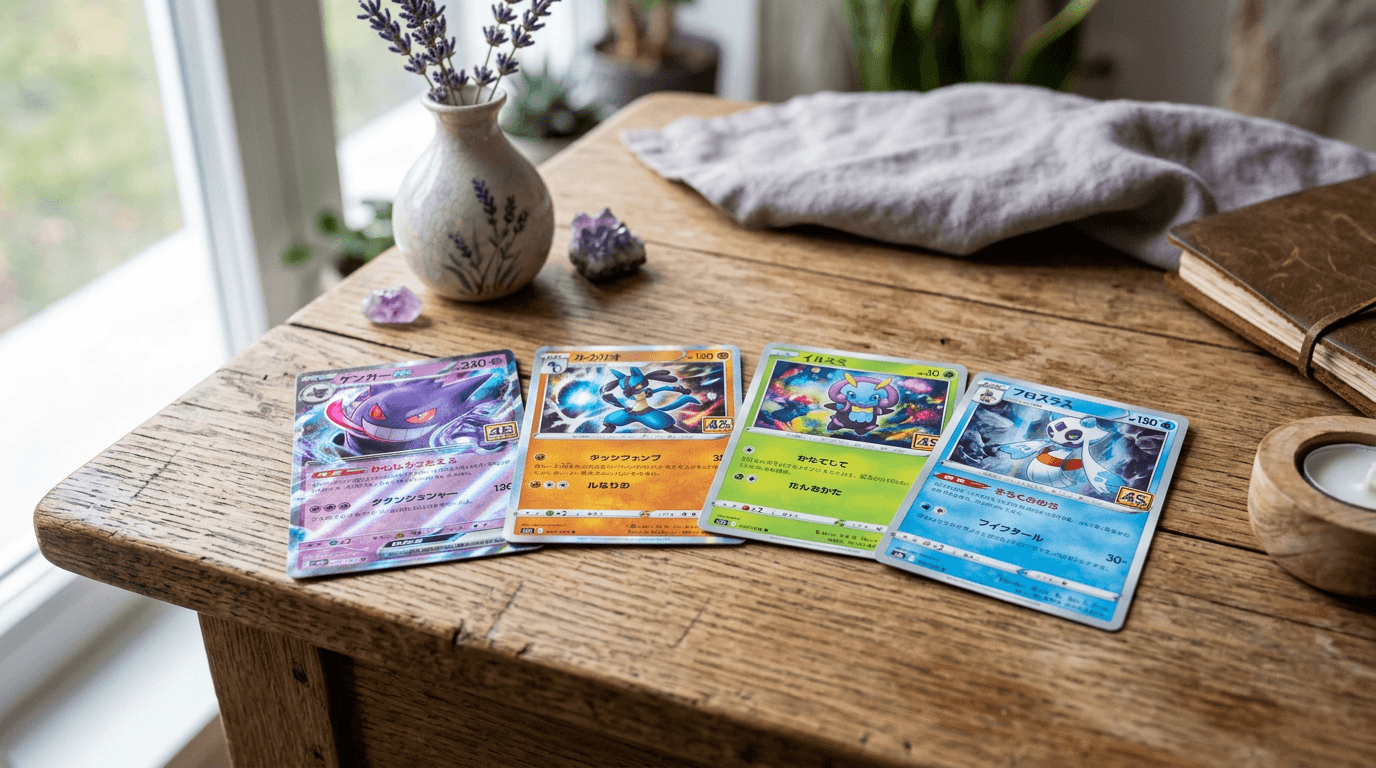 Carte Pokémon del set 30th CELEBRATION disposte su un tavolo di legno con luce naturale