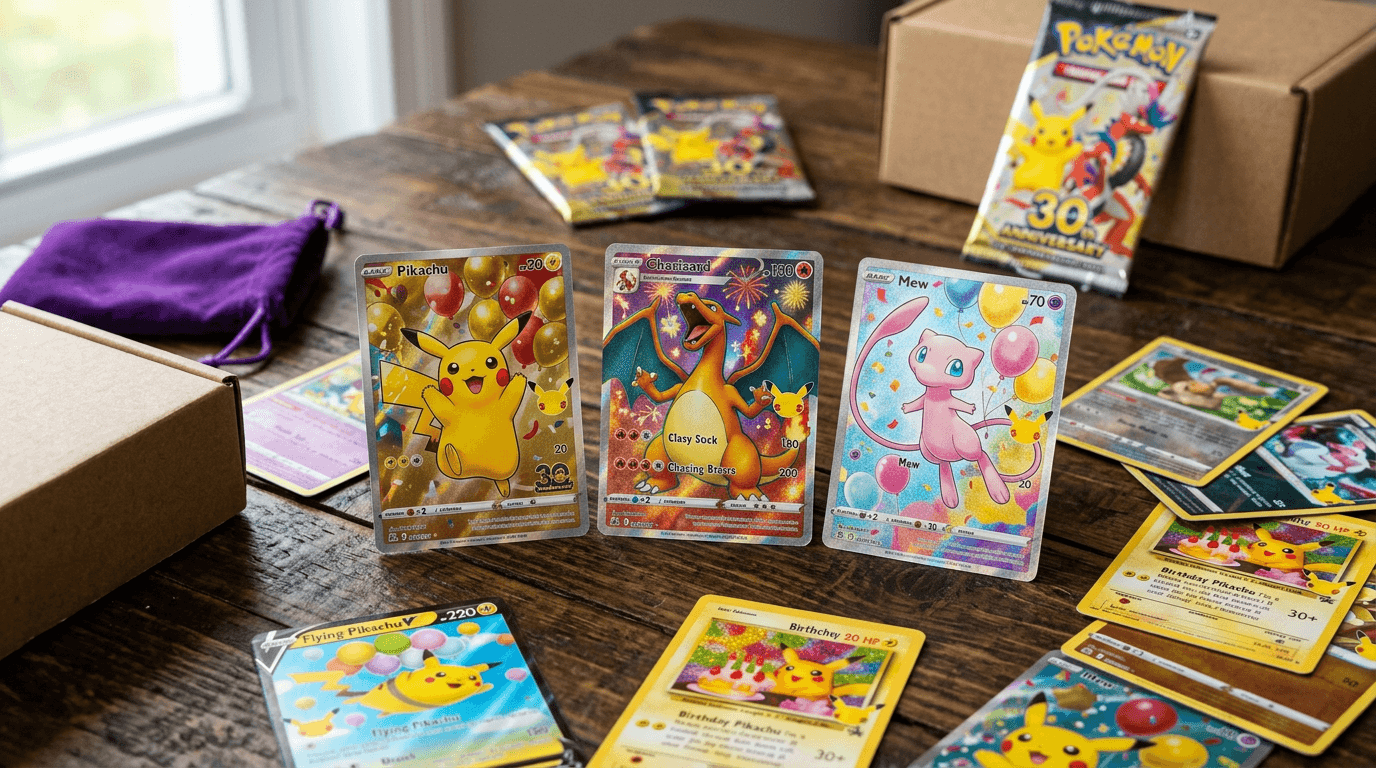 Carte full art del set Pokémon 30th CELEBRATION sparse su un tavolo di legno scuro, con bustine inedite sullo sfondo