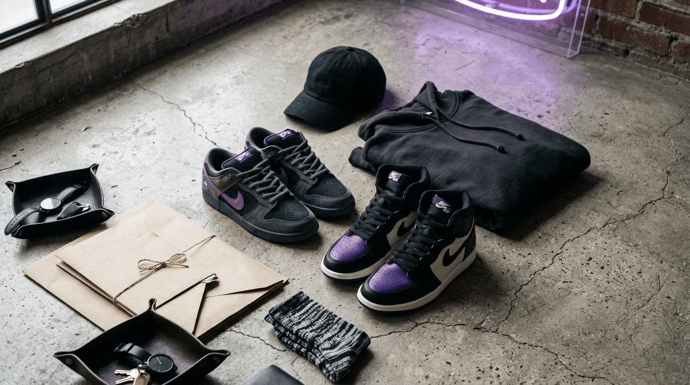 Sneakers rare e capi streetwear su pavimento di cemento con luce urbana