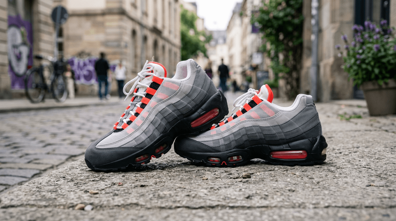 Nike Air Max 95 colorway Solar Red fotografate su una superficie di cemento con sfondo urbano sfocato