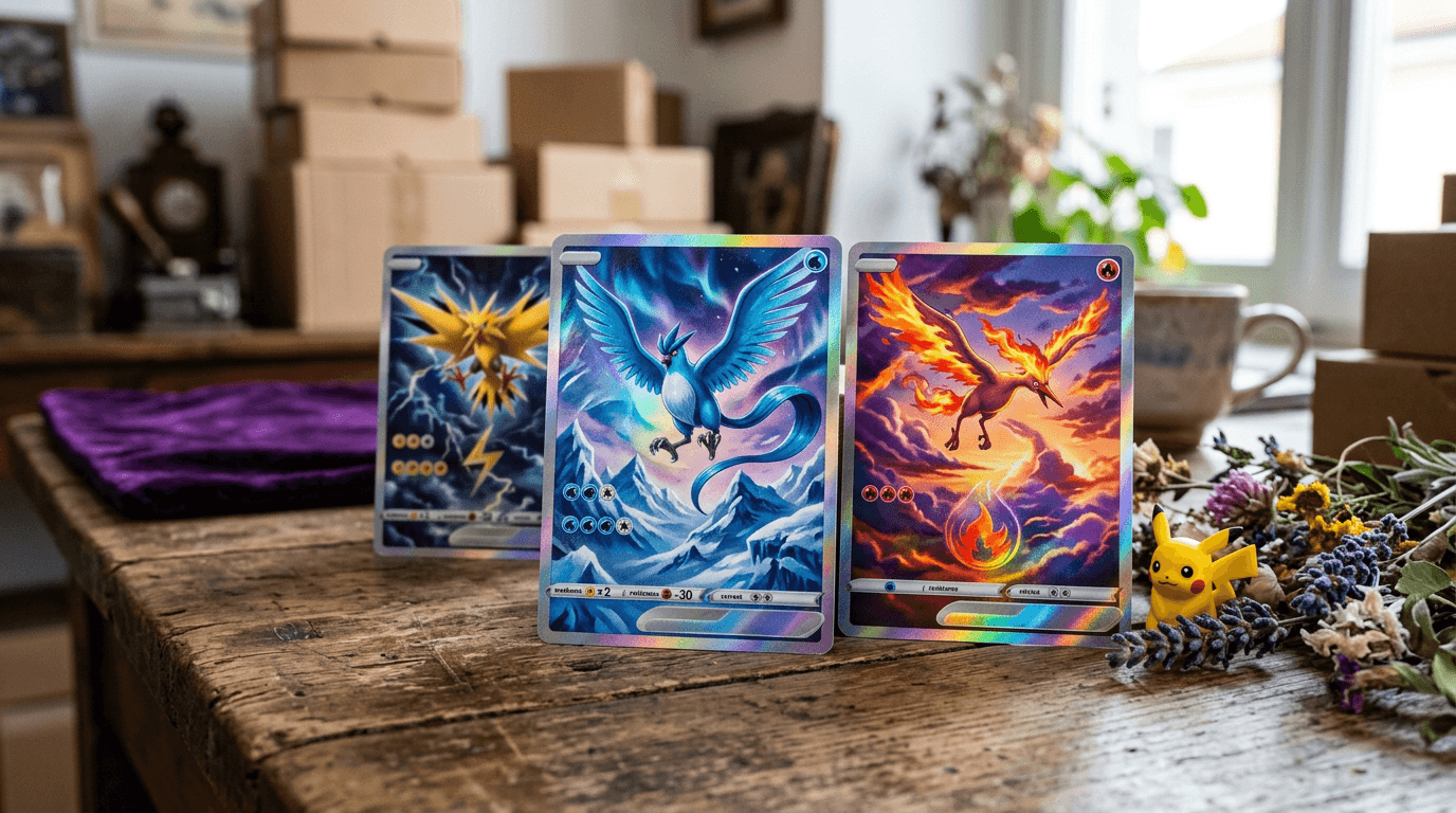 Primo piano di carte Pokémon FUR con effetti olografici viola e blu, uccelli leggendari sullo sfondo e Pikachu tra i fiori