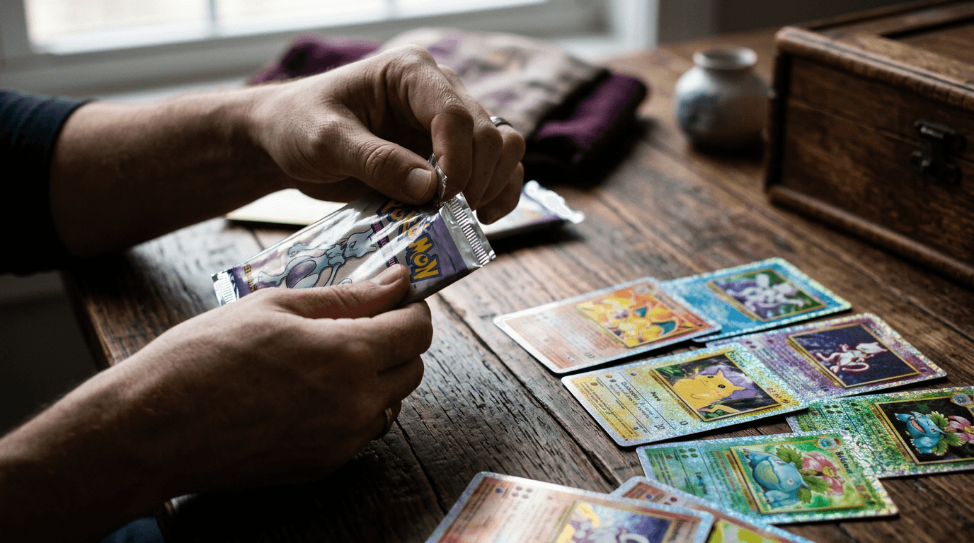 Mani di un collezionista aprono una bustina di carte Pokémon del 30° anniversario su un tavolo di legno scuro, con carte olografiche sparse