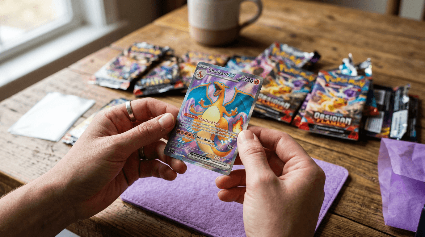 Mani che tengono una carta Pokémon Special Art Rare con illustrazione a tutta pagina e texture in rilievo, bustine aperte sullo sfondo