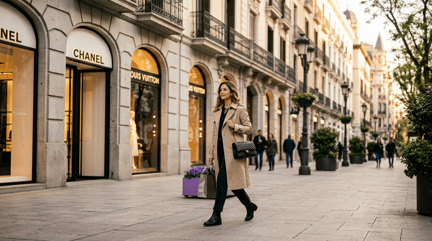 Boutique di lusso a Madrid con una donna che tiene una borsa in pelle trapuntata