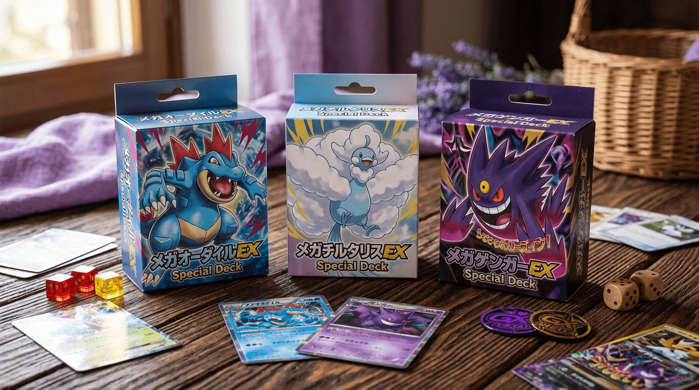 Tre Special Deck Set Pokémon con Mega Evoluzioni affiancati su un tavolo scuro, circondati da carte olografiche, monete e segnalini