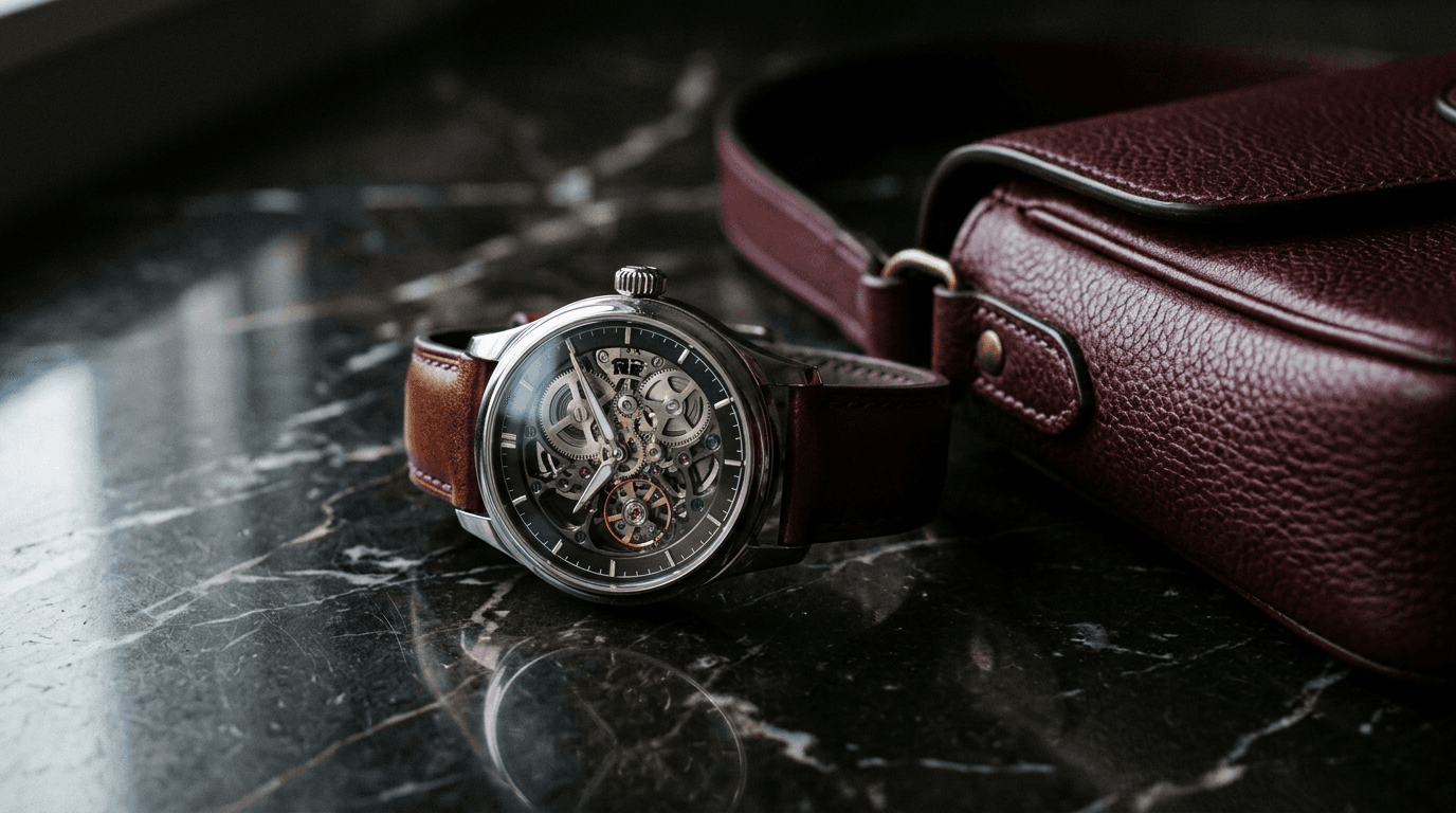 Orologio di lusso con movimento a vista accanto a una borsa in pelle su piano di marmo scuro