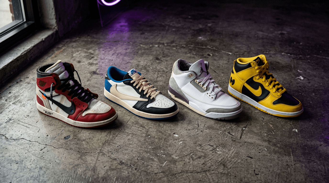 Sneakers grail iconiche disposte su pavimento di cemento con illuminazione drammatica