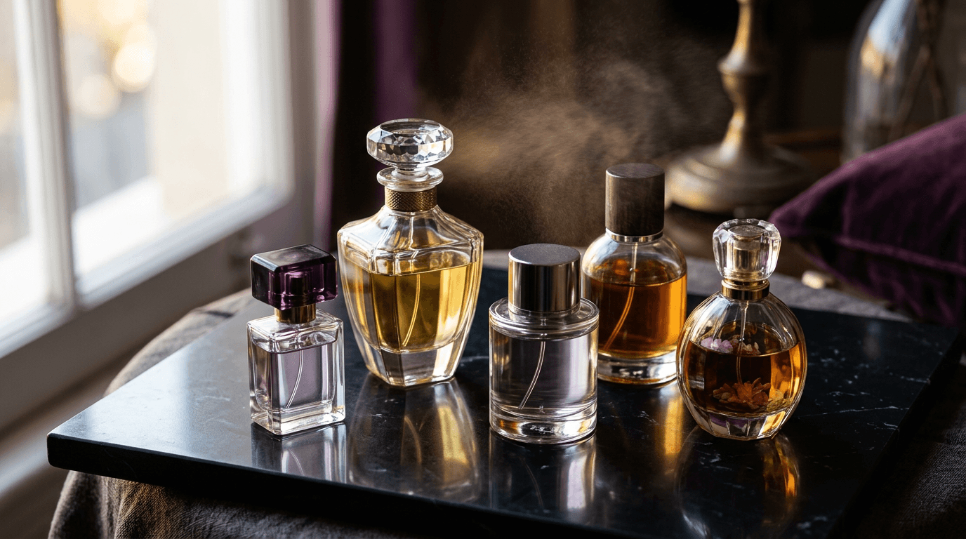Bottiglie di profumo di lusso disposte su una superficie scura riflettente con luce calda laterale e una leggera nebulizzazione di fragranza nell'aria