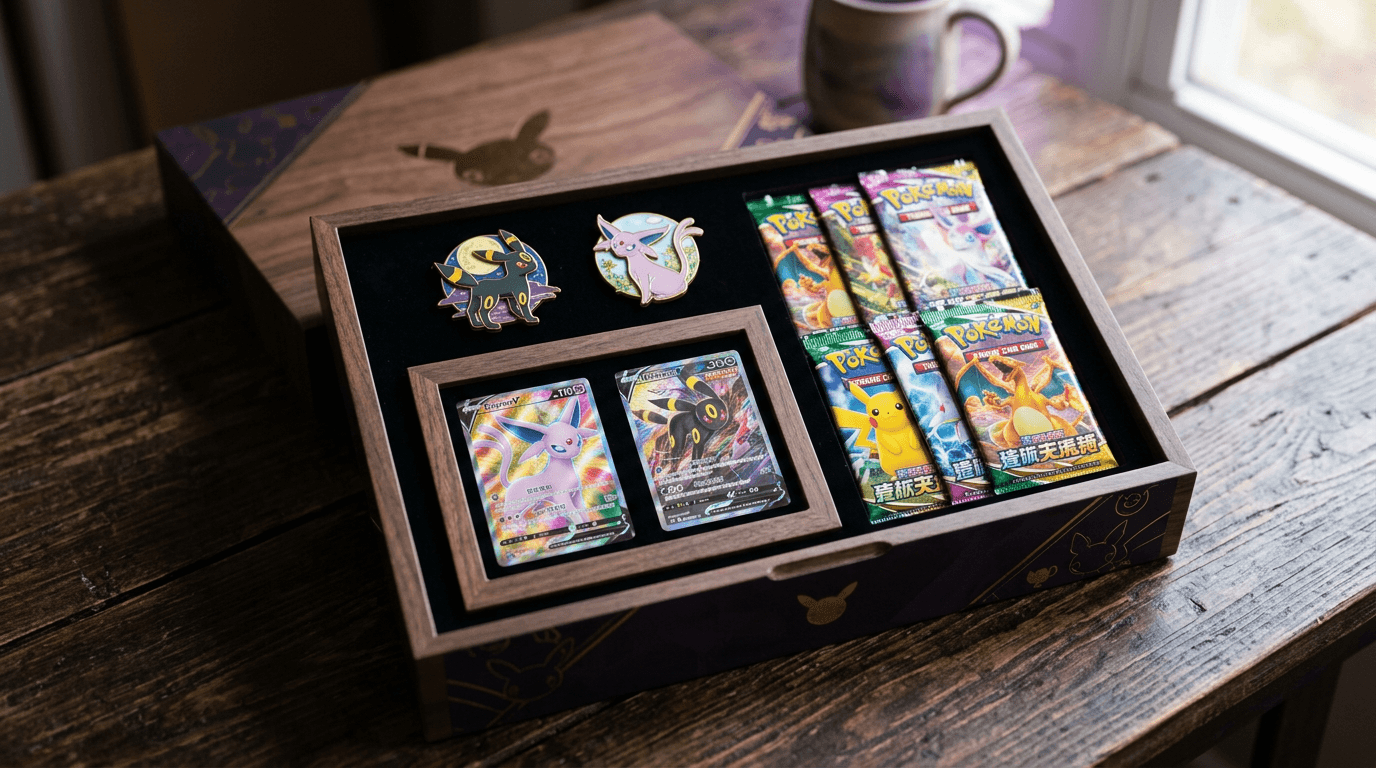 Gift box Pokémon 30° anniversario aperta con cornice espositiva, carte di Espeon e Umbreon e bustine cinesi