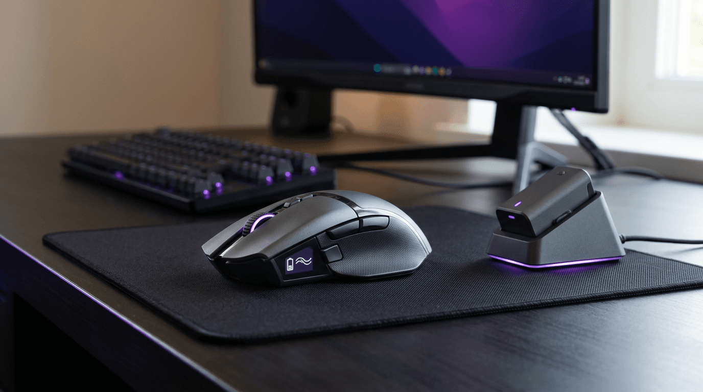 Mouse gaming Turtle Beach MC7 con display touch e dock di ricarica su scrivania scura