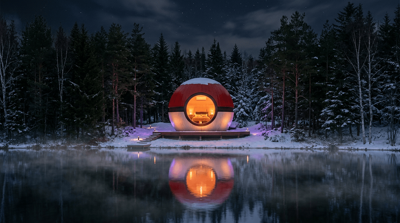 Una Monster Ball gigante illuminata di notte in una radura dell'Hokkaido, con il riflesso sul lago e la foresta intorno