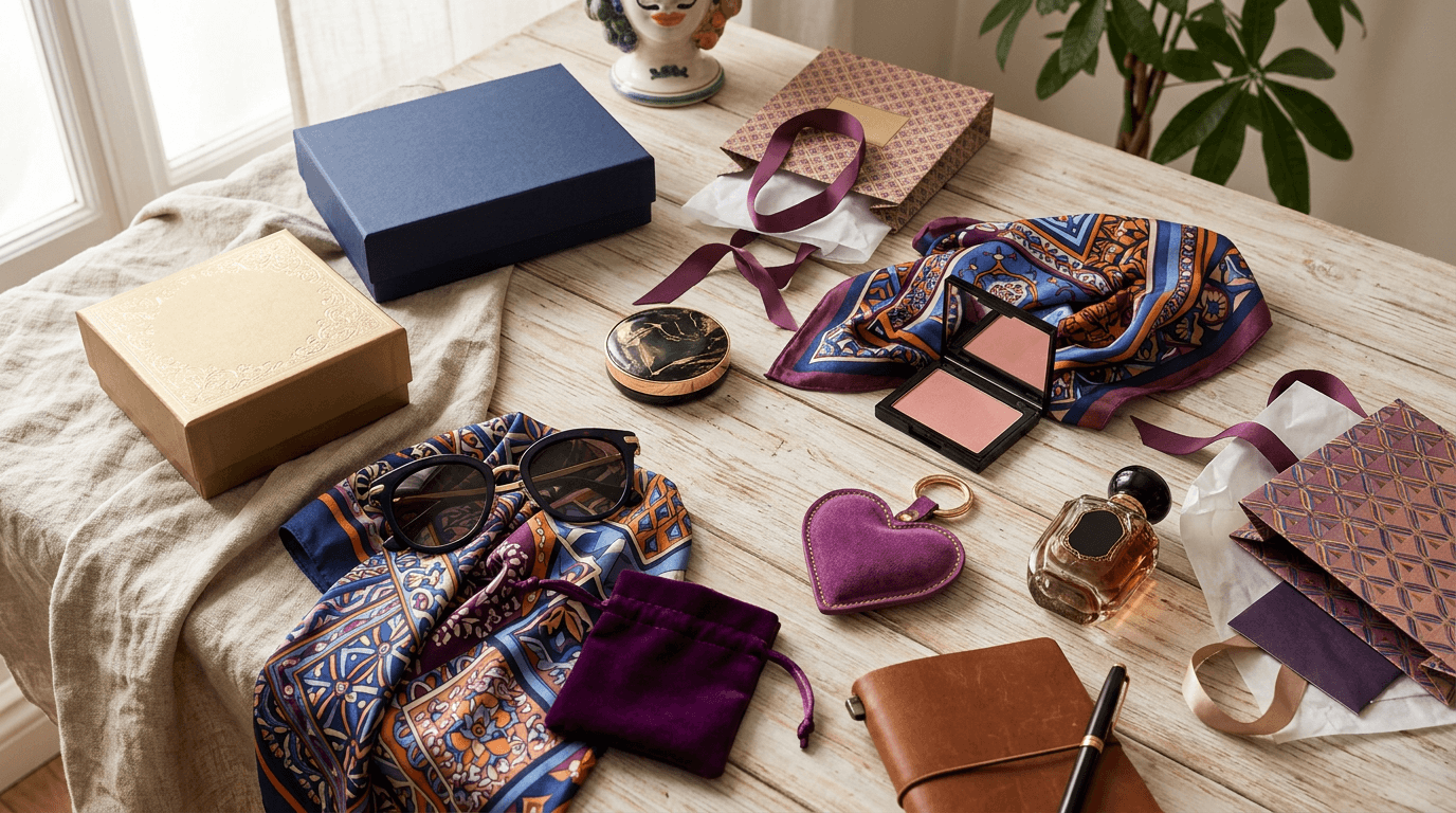 Confezioni regalo di brand di lusso con prodotti beauty, occhiali da sole e accessori sparsi su una superficie neutra