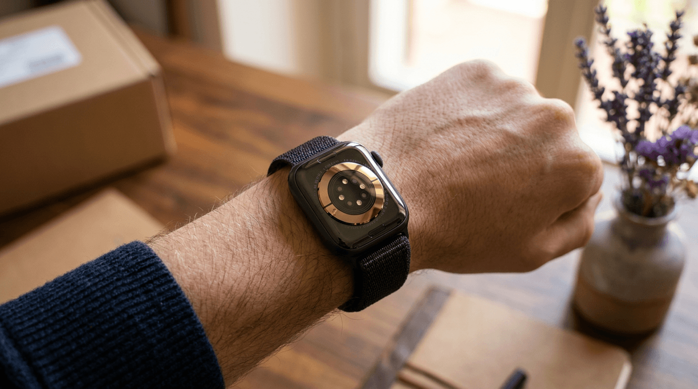 Primo piano di un Apple Watch 12 al polso con sensore cardiaco segmentato in evidenza
