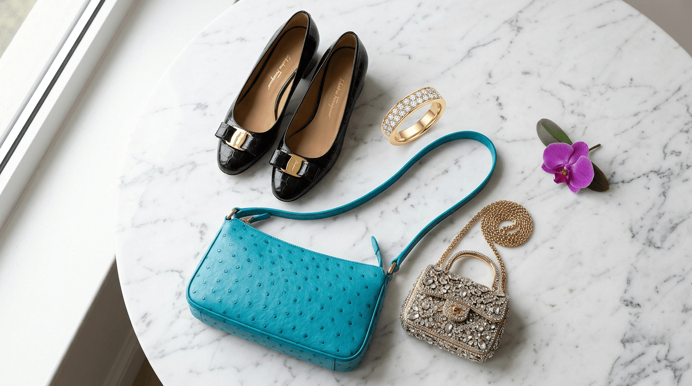 Pumps Ferragamo, anello con diamanti e borse di lusso disposti su una superficie in marmo