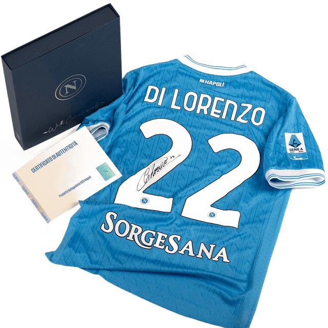 SSC Napoli Maglia Gara Home 2025/2026 Autografata da Di Lorenzo in Premium Box